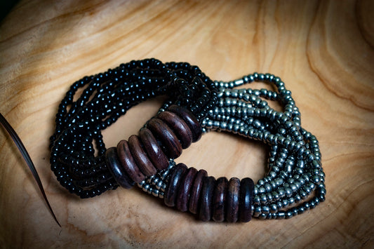 Beaded Multi-Strand Bracelet with Wood Detail